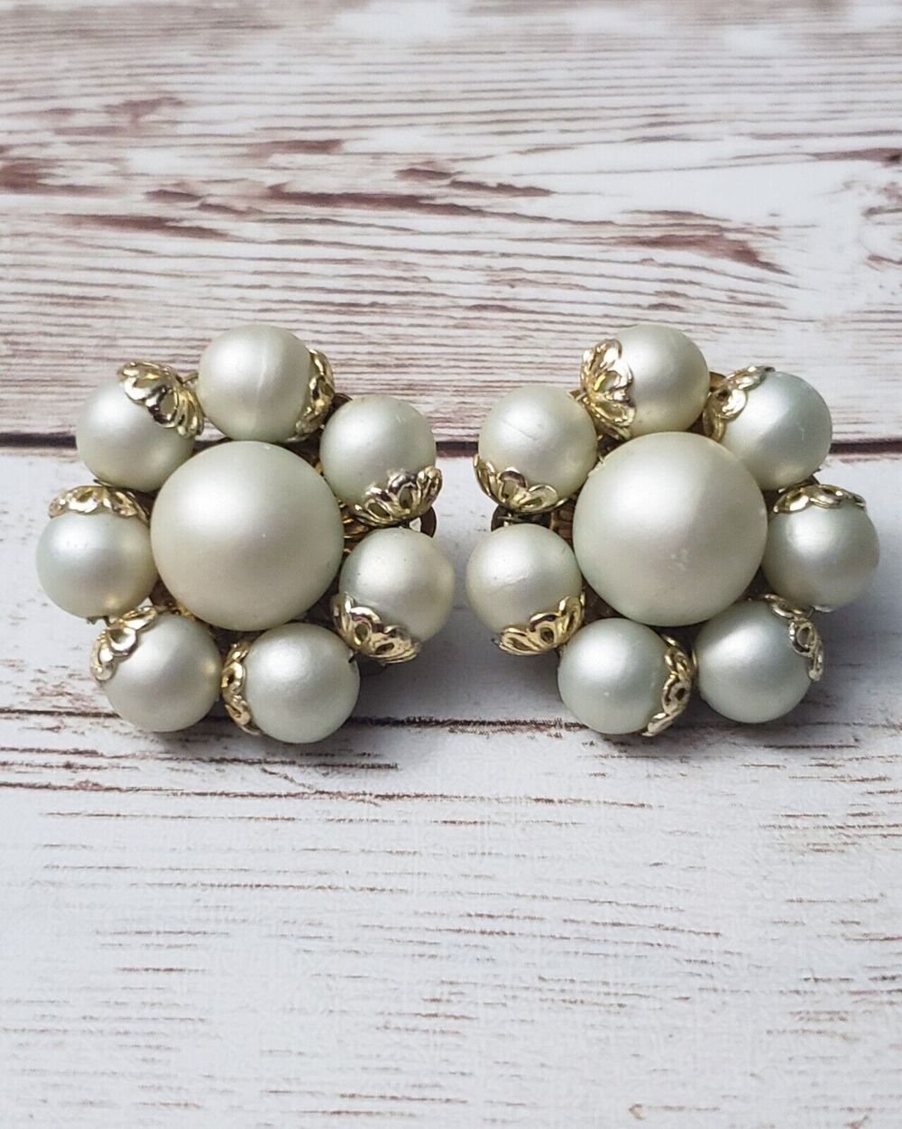 Vintage Clip On Earrings - Pretty Faux Pearl Cluster with Gold Tone Detail 1"